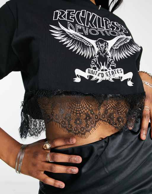 ASOS DESIGN - T-shirt med rock-grafik og blondekant, 2 af 4