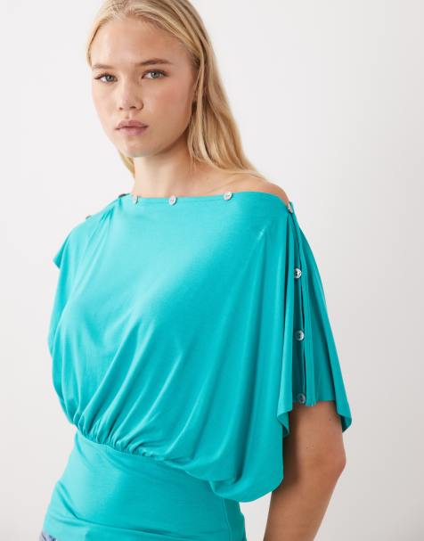 ASOS DESIGN t-shirt med sänkt axelsöm i turkos - view 1