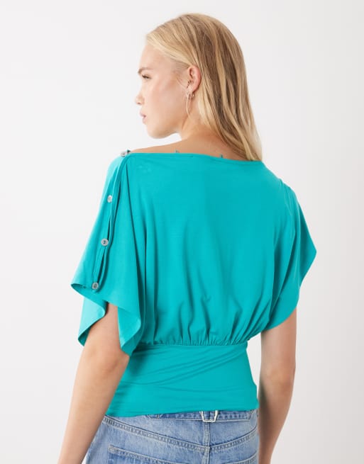 ASOS DESIGN t-shirt med sänkt axelsöm i turkos, 4 av 4