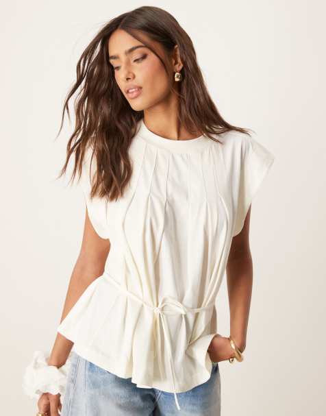 ASOS DESIGN - T-shirt met A-lijn en gestrikte taille in crème - view 1