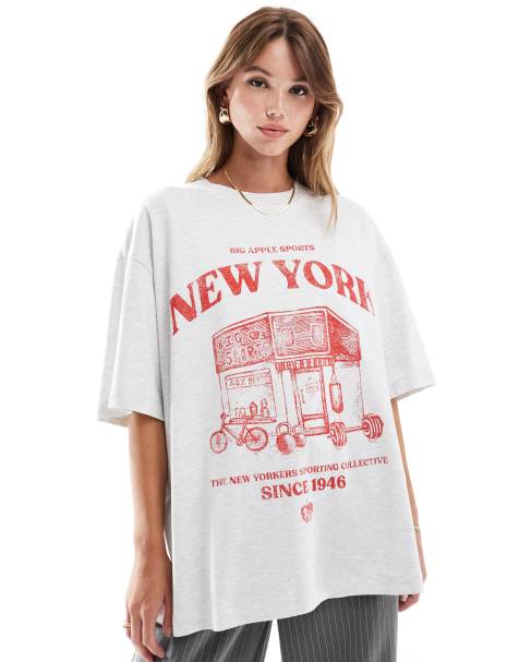 ASOS DESIGN - T-shirt met boyfriend pasvorm en grafische 'New York Sports' print in gemêleerd ijsgrijs - view 1