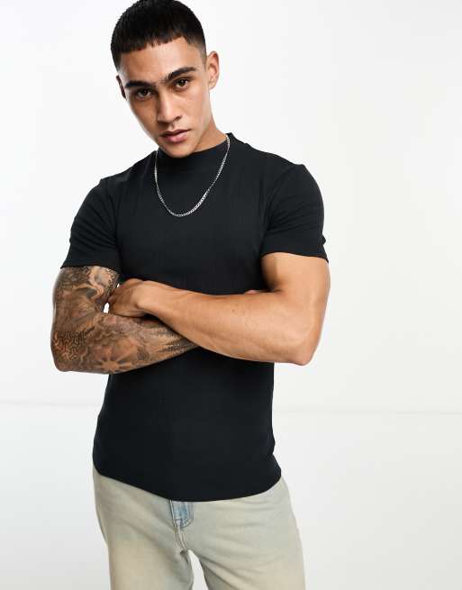 ASOS DESIGN - T-shirt met col, aansluitende pasvorm en ribdetail in zwart