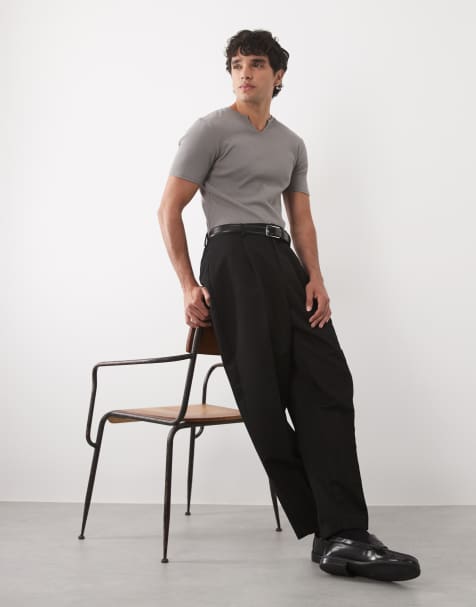 ASOS DESIGN - T-shirt met col en aansluitende pasvorm en inkeping in marineblauwe ribstof - view 1