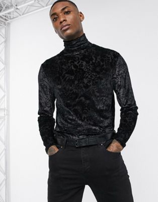 ASOS DESIGN - T-shirt met col en lange mouwen van doorzichtig mesh met paisleyprint in zwart