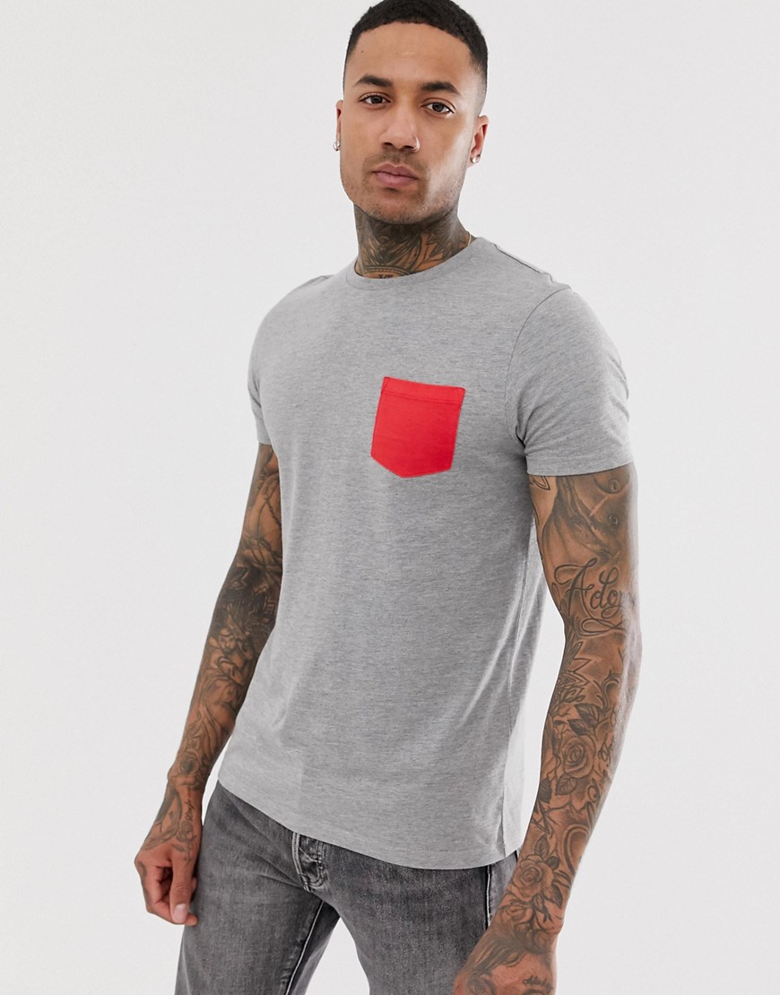 ASOS DESIGN - T-shirt met contrasterend zakje in gemêleerd grijs