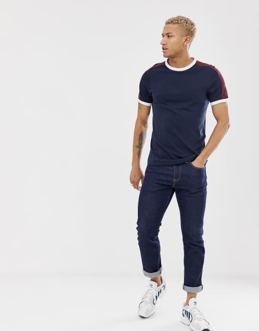 ASOS DESIGN - T-shirt met contrasterende schouderpanelen in marineblauw - NAVY, 4 van 4