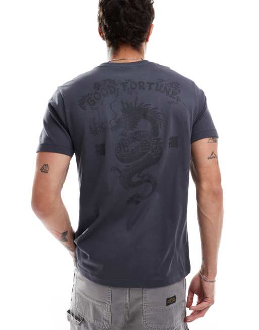 ASOS DESIGN - T-shirt met draakprint op de rug in antraciet