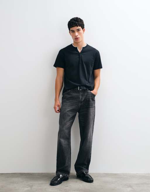 ASOS DESIGN T-shirt met dubbele laag en henley-hals in zwart, 4 van 5