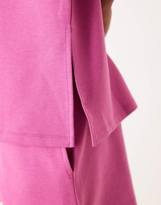 ASOS DESIGN - T-shirt met interlock-naden en split aan de zijkant in roze, deel van co-ord set, 2 van 4