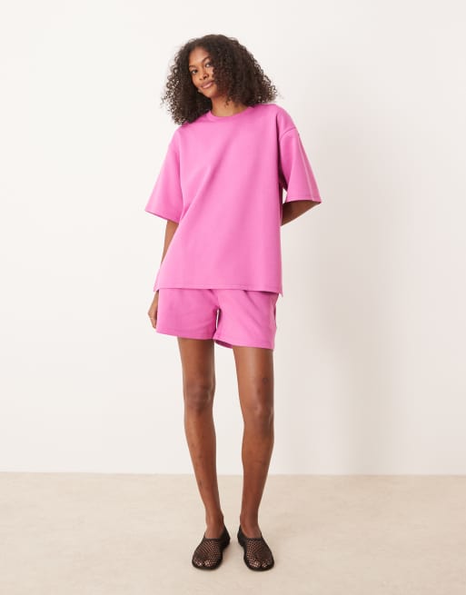 ASOS DESIGN - T-shirt met interlock-naden en split aan de zijkant in roze, deel van co-ord set, 4 van 4