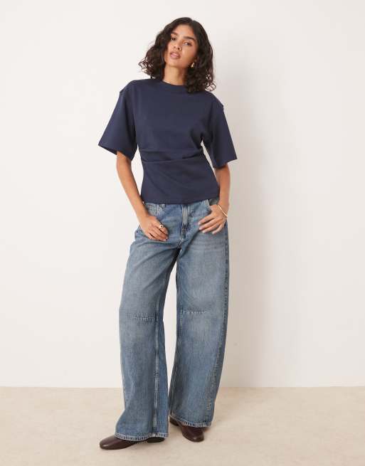 ASOS DESIGN - T-shirt met interlocknaden in de taille in marineblauw, 3 van 4