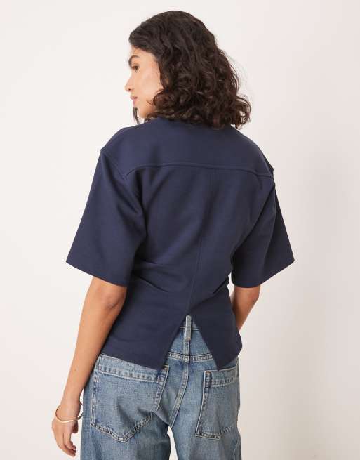 ASOS DESIGN - T-shirt met interlocknaden in de taille in marineblauw, 4 van 4