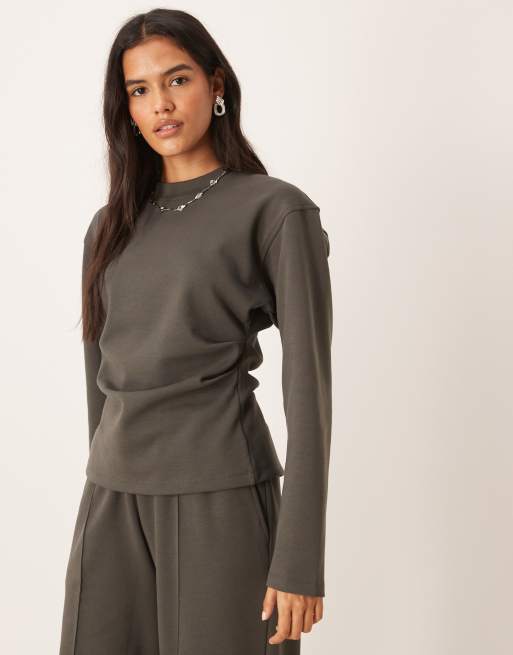 ASOS DESIGN - T-shirt met interlocknaden, lange mouwen en korsettaille in antracietgrijs