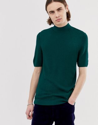 ASOS DESIGN - T-shirt met kabels en col in groenblauw