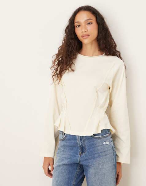 ASOS DESIGN - T-shirt met korsetnaden en lange mouwen in crème - view 1