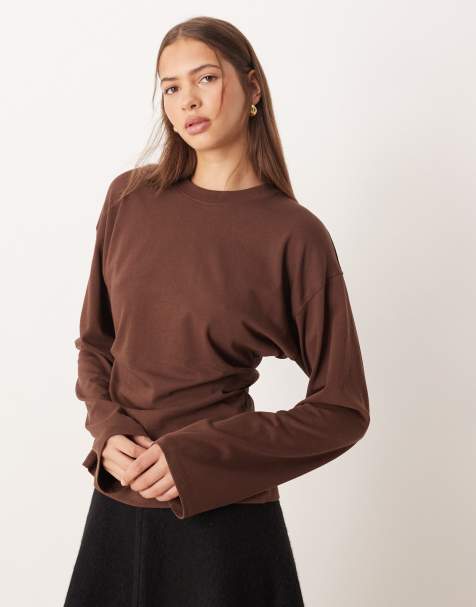 ASOS DESIGN - T-shirt met korsettaille en lange mouwen in chocoladebruin - view 1