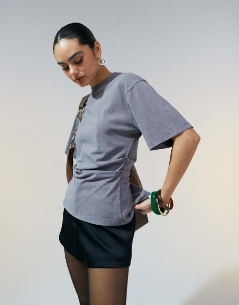 ASOS DESIGN - T-shirt met korsettaille in grijs met wassing - view 1