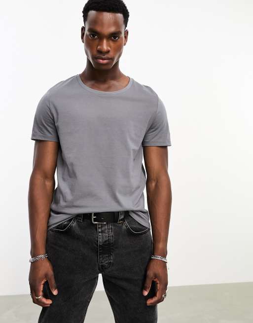 ASOS DESIGN - T-shirt met lage ronde hals in grijs met wassing