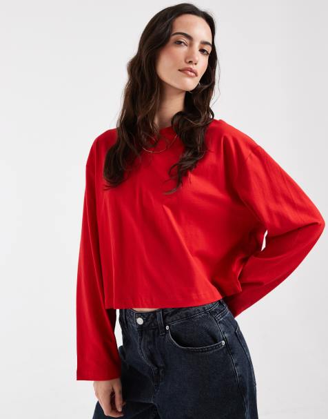 ASOS DESIGN T-shirt met lange mouwen, boxy en cropped, in rood - view 1