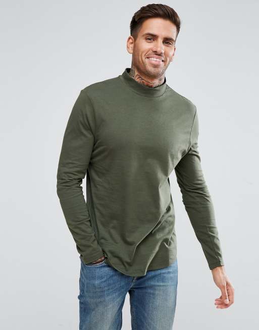 ASOS DESIGN - T-shirt met lange mouwen, col en ronde zoom in groen