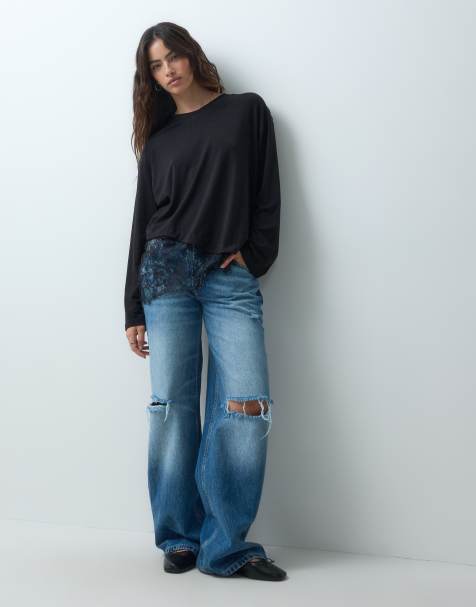 ASOS DESIGN T-shirt met lange mouwen en asymmetrische kanten rand in zwart - view 1