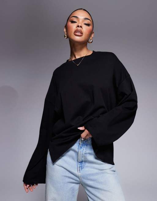ASOS DESIGN - T-shirt met lange mouwen en geknoopt detail aan de achterkant in zwart