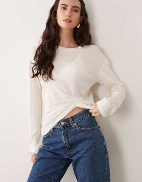 ASOS DESIGN T-shirt met lange mouwen en gerimpelde zoom in ecru - view 1
