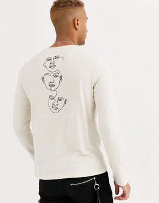 ASOS DESIGN - T-shirt met lange mouwen en geschetste gezichtprint op de achterkant-Beige