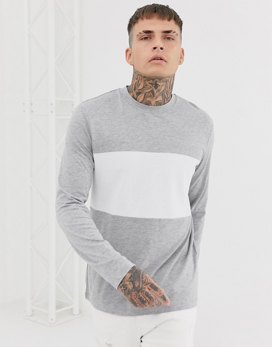 ASOS DESIGN - T-shirt met lange mouwen en gewafeld inzetstuk in grijs gemêleerd