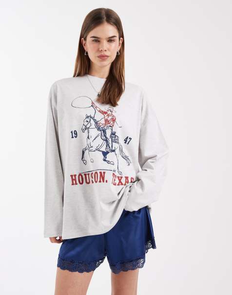 ASOS DESIGN - T-shirt met lange mouwen en grafische Texas-print in gemêleerd ijs - view 1