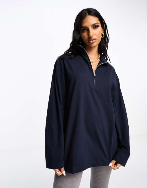 ASOS DESIGN - T-shirt met lange mouwen en korte rits in marineblauw
