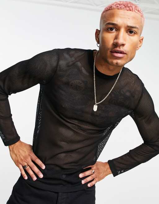 ASOS DESIGN - T-shirt met lange mouwen en mesh in zwart