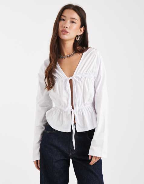 ASOS DESIGN - T-shirt met lange mouwen en panelen met gestrikt detail in wit - view 1