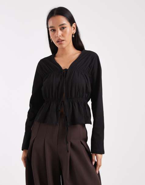 ASOS DESIGN - T-shirt met lange mouwen en panelen met gestrikt detail in zwart - view 1