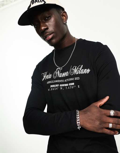 ASOS DESIGN - T-shirt met lange mouwen en print op de borst in zwart