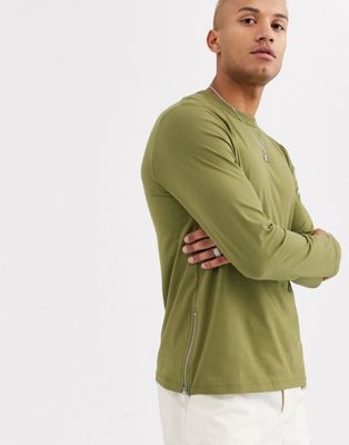 ASOS DESIGN - T-shirt met lange mouwen en ritsen aan de zijkant in groen
