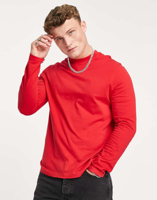 ASOS DESIGN - T-shirt met lange mouwen en ronde hals in rood - RED