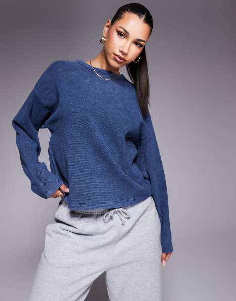 ASOS DESIGN - T-shirt met lange mouwen en wafeltextuur in marineblauw met wassing - view 1