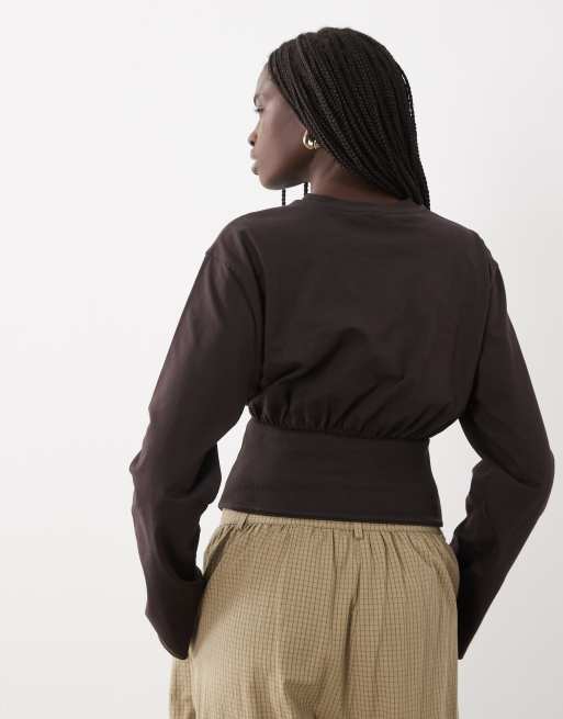 ASOS DESIGN T-shirt met lange mouwen met corsetlook in bruin, 4 van 4