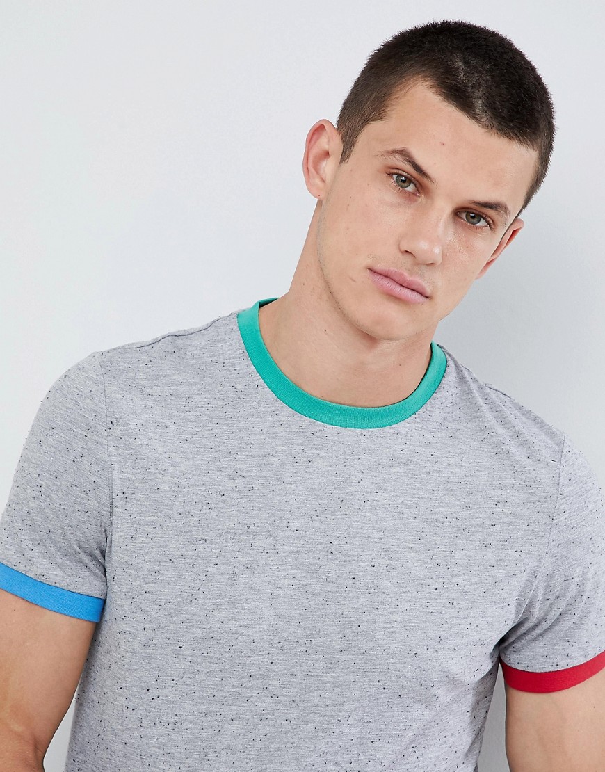 ASOS DESIGN - T-shirt met lange mouwen van stof met textuur met een contrasterende hals en manchetten in grijs