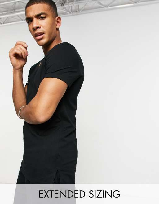 ASOS DESIGN - T-shirt met lange pasvorm, ronde hals en splitjes aan zijkanten van katoenmix in zwart - BLACK