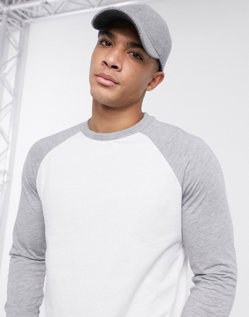 ASOS DESIGN - T-shirt met lange raglanmouwen en ronde hals in wit en gemêleerd grijs-Multi