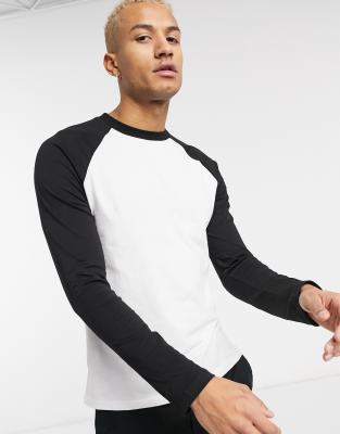 ASOS DESIGN - T-shirt met lange raglanmouwen en ronde hals in wit en zwart