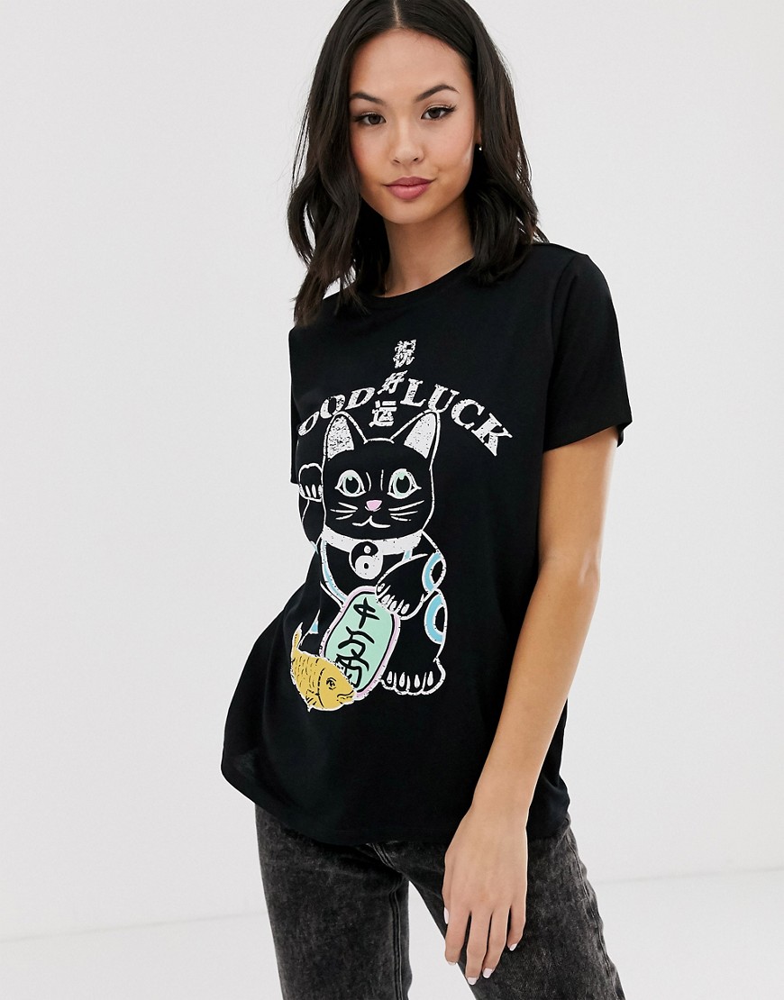 ASOS DESIGN - T-shirt met lucky cat-print in zwart