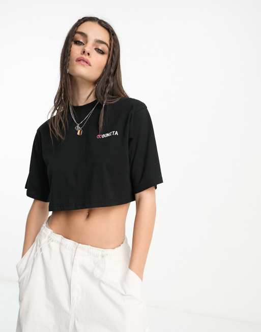 ASOS DESIGN - T-shirt met opgerolde mouwen en Bonita-graphic in zwart