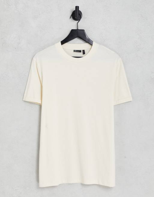 ASOS DESIGN - T-shirt met opgerolde mouwen in verwassen beige 