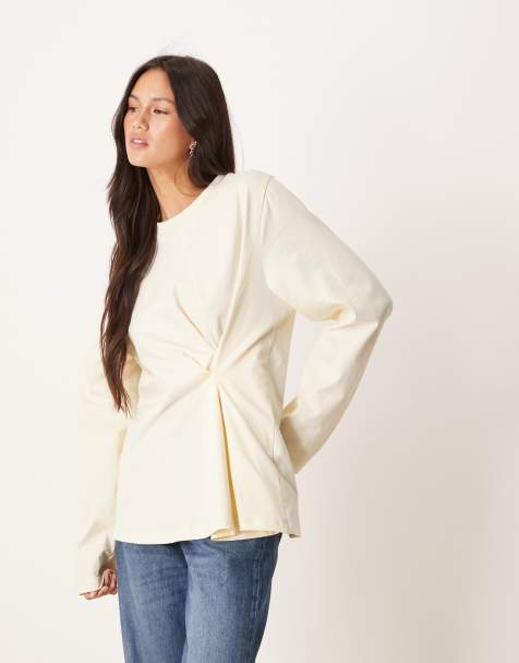 ASOS DESIGN - T-shirt met plooien en lange mouwen in crème - view 1