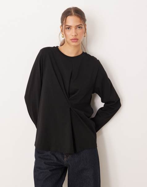 ASOS DESIGN - T-shirt met plooien en lange mouwen in zwart - view 1