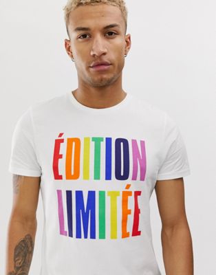 ASOS DESIGN - T-shirt met regenboogkleurige Franse sloganprint-Wit
