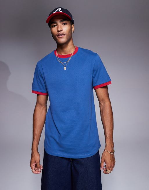 ASOS DESIGN - T-shirt met ronde hals en contrasterende rode biezen in marineblauw